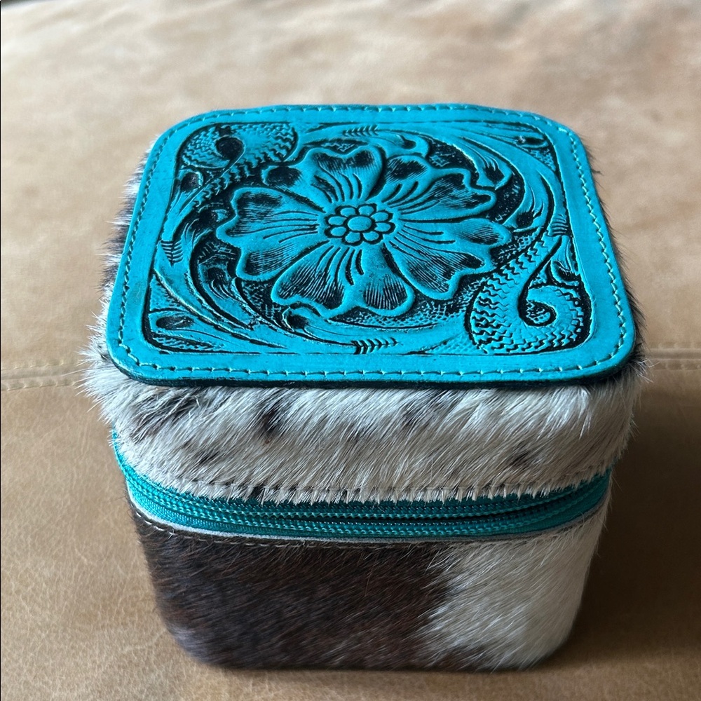 Turquoise Tooled Floral Cowhide Jewelry Box